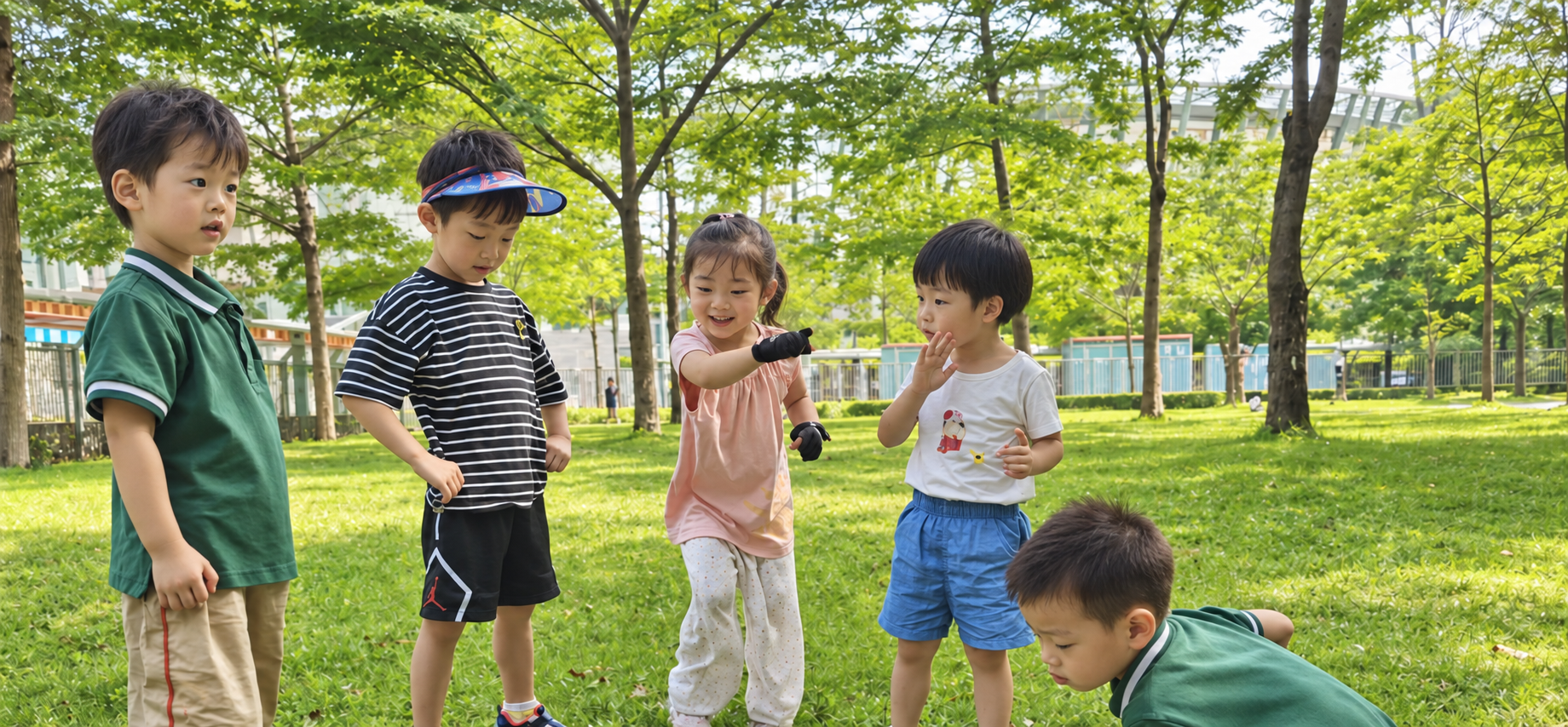 孩子在户外自然环境中探索(儿童面孔经AI处理)
